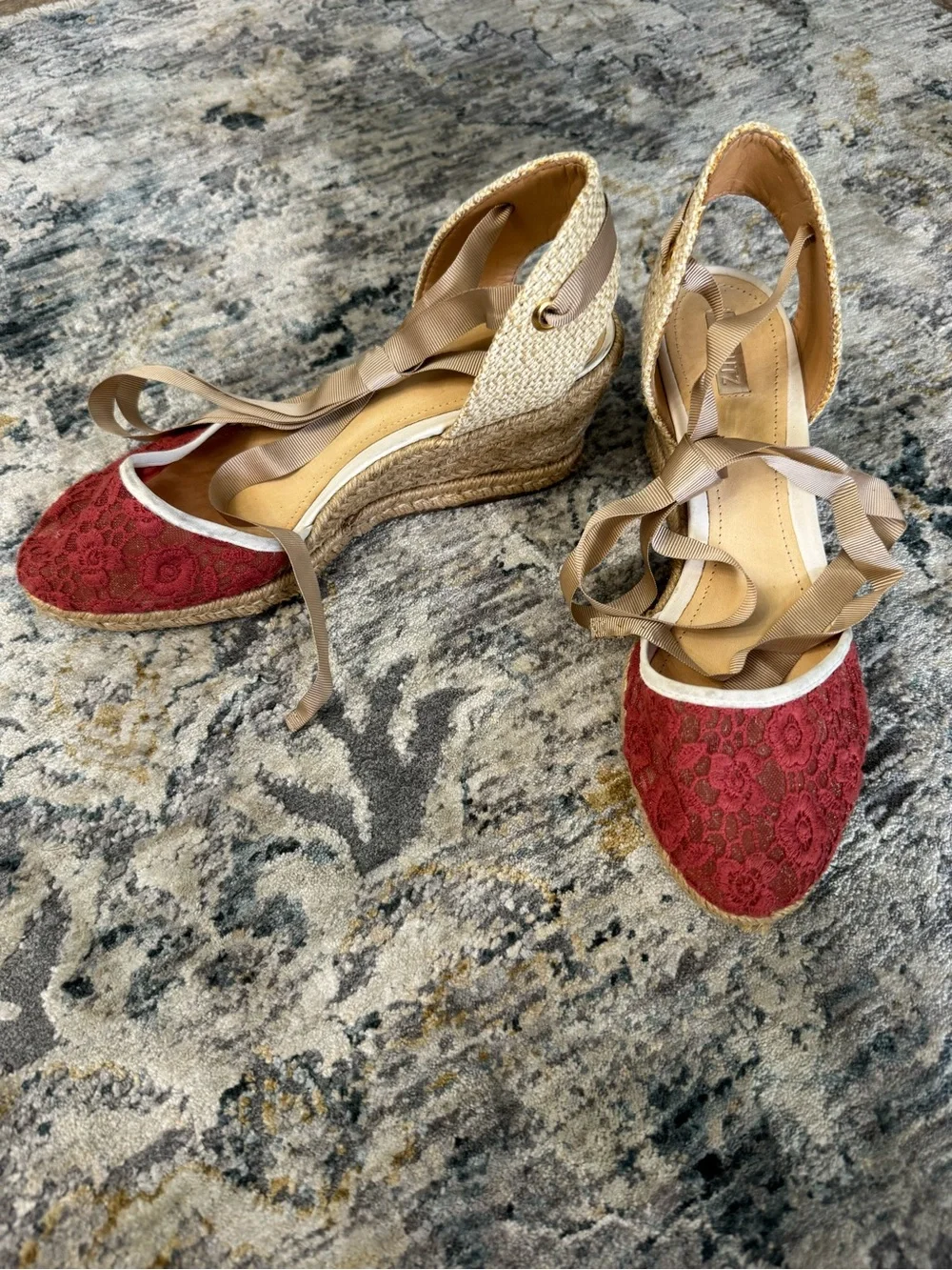SCHUTZ Red Lace Espadrille Wedges with Tan Ankle Ties
